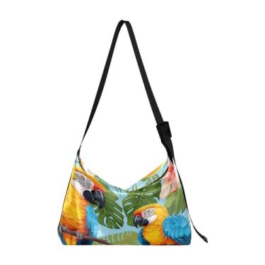 Imagem de Bolsa tiracolo de couro sintético pintada à mão, bolsa tiracolo de couro, bolsa tiracolo de couro masculina, Papagaios em folhas e flores de palmeira - 3, One Size