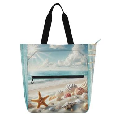 Imagem de GAIGEO Seaside Seashell Starfish Beach Bolsas de Trabalho para Mulheres Sacolas de Pano de Lona Faculdade Escola Senhoras Crianças Presente para Amantes de Livros Bolsas