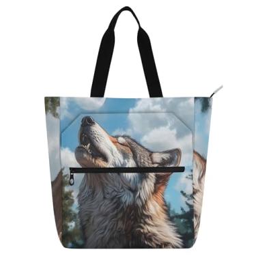 Imagem de Majestic Wolf Howling Moon Bolsas femininas de tecido de lona para trabalho bolsas de professores universitários para professores de livros presentes