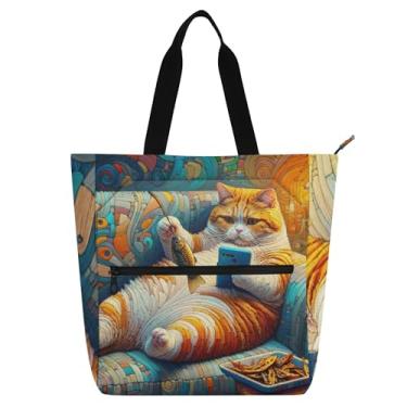 Imagem de GAIGEO Bolsa feminina engraçada de tecido de lona para gatos gordos e faculdade, presente para professores de livros