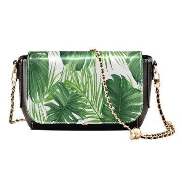 Imagem de Laranjas em amarelo com ramos bolsas femininas de couro, bolsa de ombro feminina de couro, bolsa tiracolo de corrente, Folha de palmeira verde exótica em branco-1, One Size