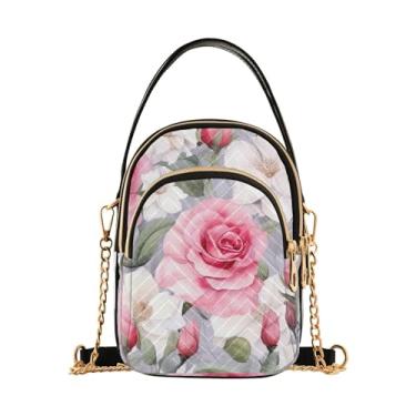 Imagem de Margaridas em bolsas transversais femininas xadrez azul e branco, bolsa tiracolo moderna com alça removível, Flor de rosas em aquarela - 2, One Size