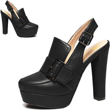 Imagem de SHODENSE Sapato feminino vintage plataforma salto alto grosso sapato redondo fechado plataforma mocassins tornozelo tira bloco salto slingback verão fivela sem costas mocassim senhoras sexy chique