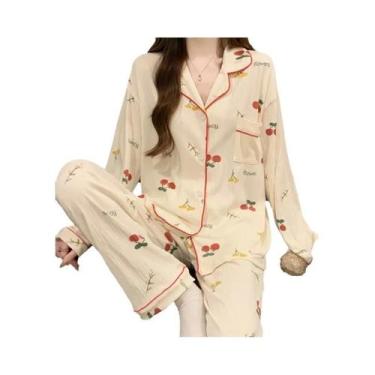 Imagem de Conjunto De Pijamas Femininos Em Tecido Amassado Com Cardigan De Manga