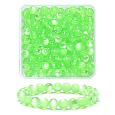 Imagem de 100 peças de contas de olho de gato lisas naturais verde-menta de 8 mm, contas redondas soltas de pedra preciosa para fabricação de joias com cordão elástico de cristal (cor 14)