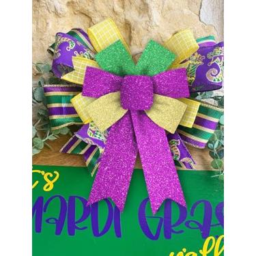 Imagem de 2 peças de arcos de carnaval para grinalda, laços de guirlanda de terça-feira com glitter verde roxo dourado arcos de Nova Orleans para festas de carnaval da porta da frente suprimentos de decoração