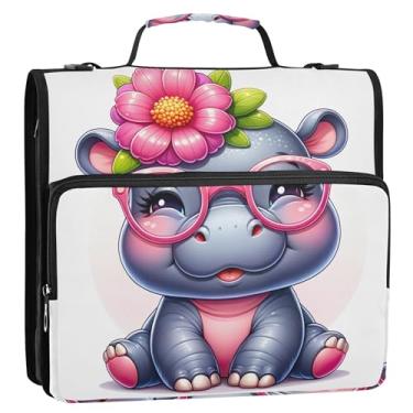 Imagem de Fichário de desenho animado de hipopótamo fofo com estampa de animal organizador com zíper de 3 cm para fichários escolares resistentes com alça de ombro, suporte para 500 folhas