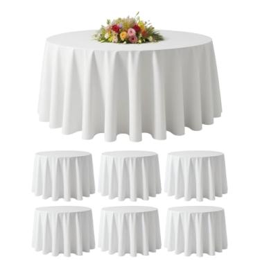 Imagem de BESTVIP Pacote com 6 toalhas de mesa brancas redondas de 304 cm – capa de mesa decorativa lavável de poliéster para casamento, recepção, banquete, aniversário, festas, buffets, restaurantes