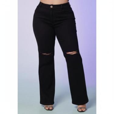 Imagem de Calça Jeans Feminina Wide Leg Preta Rasgada Plus Size Lycra - By Reemb