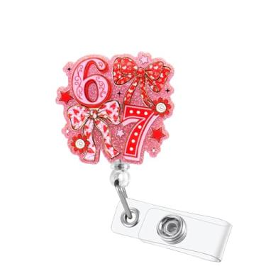 Imagem de Bedocia Carretel de crachá fofo para Dia dos Namorados – Porta-cartão de identificação retrátil com design de laço rosa Six Seven para enfermeira, professora, RN, estudantes, policiais, funcionários