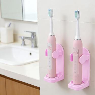 Imagem de 2 peças de suportes de escova de dentes elétricos, porta-escovas de dentes pequenas autoadesivos montados na parede, sem perfuração, suporte de parede, organizador de armazenamento de escovas de