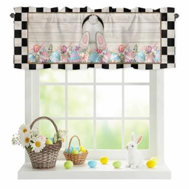 Imagem de Ruian Store Cortina de cozinha de Páscoa de fazenda sanefa para janelas, ovos na grama, bolso para varão, pequena saia engraçada cauda de coelho em tábua de madeira, tratamento de janela curta para