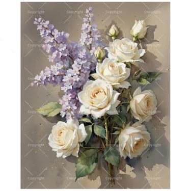 Imagem de Kit de pintura floral natureza morta por números para adultos - DIY pintura de rosas brancas e lilases em tela 30 x 40 cm, conjunto de tinta acrílica emoldurada, adequado para iniciantes, arte