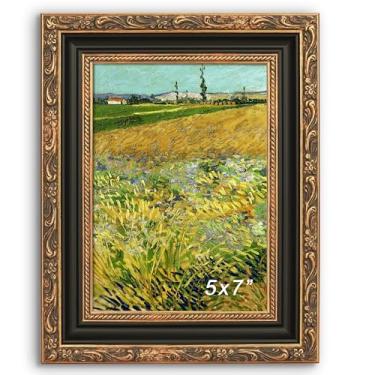 Imagem de GiftMust Porta-retrato 12 x 18 cm, moldura ornamentada em relevo, 12 x 18 cm com vidro real temperado, suporte de mesa ou parede para impressões de arte ou imagens, preto e ouro antigo, 1 pacote com 1