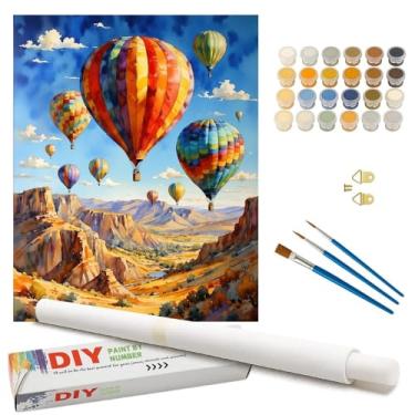 Imagem de Kit de pintura de balões de ar quente por números para adultos - Pintura de paisagem de balões DIY sobre Canyon em tela enrolada 40,6 x 50,8 cm, conjunto de tinta acrílica para iniciantes, arte para