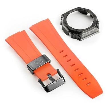 Imagem de ANZOAT Capa de relógio de aço inoxidável esculpida com pulseira de borracha de terceira geração para GA2100 retrofit e upgrade DIY (laranja preto)