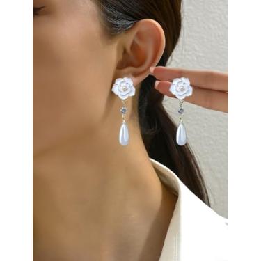 Imagem de Brincos de pérola branca com pingente de gota longa para mulheres, joias modernas, presentes de natal, presentes de amizade para mulheres, dia dos namorados, Medium, Latão, Sem pedra preciosa