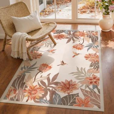 Imagem de Beeiva Tapete floral com estampa de borda 7,5 x 12,5 cm, lavável, antiderrapante, tapete para entrada, tapete baixo fino, boêmio, estética bege para sala de estar, tapete pequeno para dormitório