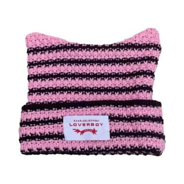 Imagem de Gorro De Tricô Listrado Unissex Y2K Feito À Mão Com Orelhas De Gato, G