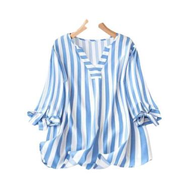 Imagem de Camiseta Feminina plus Size Com Decote Em V E Estampa Xadrez, Leve E R