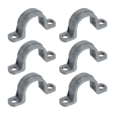 Imagem de HARFINGTON Tiras de tubo de PVC de 1/2 polegada, 6 peças de braçadeiras de conduíte de plástico com furo duplo em forma de U com nervuras antiderrapantes para fixação de cabos de tubo de tubo (cinza)
