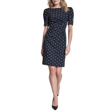 Imagem de DKNY Vestido feminino franzido de manga curta com botões, meia-noite/marfim, 2