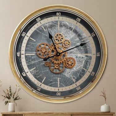 Imagem de October Elf Relógio de parede grande com engrenagens móveis reais 61 cm vintage industrial steampunk grande relógio de parede de metal para decoração de sala de estar (mapa do mundo dourado de 61 cm)