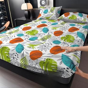 Imagem de Jogo de Lençol Listras Preto e Branco 3 Peças Percal Estampado Solteiro/Casal/Queen(Tropical verde,SOLTEIRO 02 Peças)