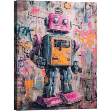 Imagem de Halioyo Arte de parede em tela de robô fofo, decoração de parede de robô graffiti colorido com impressão pop, pôster engraçado de pintura urbana contemporânea para sala de estar banheiro quarto - 30,5