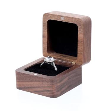 Imagem de Tweruna Caixas de anel de madeira, caixa de anel de noivado, caixas de armazenamento de joias quadradas de nogueira vintage para presente de casamento, dia dos namorados, proposta, cerimônia