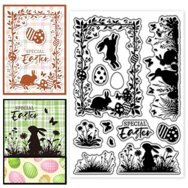 Imagem de CHGCRAFT Selos transparentes, bordas e molduras de flores de Páscoa, selos transparentes de coelhos, ovos de Páscoa, selos transparentes para decoração de álbum de fotos faça você mesmo, 11 x 6,7 cm