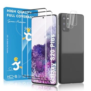 Imagem de JavoYion Pacote com 2 + 2 para Samsung Galaxy S20 Plus / S20+ protetor de tela e protetor de câmera, suporte de impressão digital, sem bolhas, compatível com capas, vidro transparente de dureza 9H