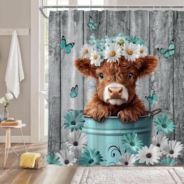 Imagem de ZNLSU Cortina de chuveiro engraçada de vaca Highland laranja margarida floral borboleta rústica porta de celeiro animal de fazenda vaca oeste país 177.8 cm WX70 H decoração de banheiro cortina de