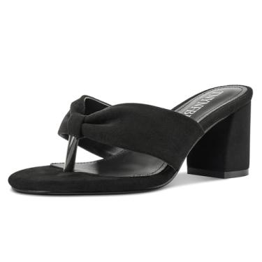 Imagem de TNYNFBEB Sandália feminina de salto médio, salto médio, bico aberto, tanga sem cadarço, vestido de formatura, básico, clássico, verão, salto de 6 cm, Preto, 35