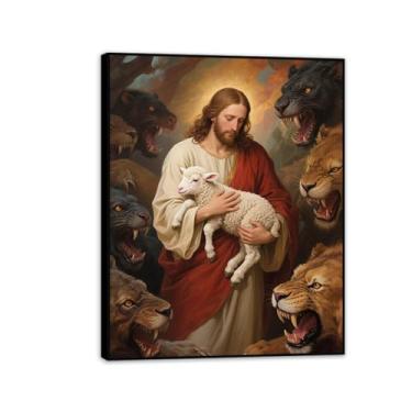 Imagem de Leão de Judá Pictures Decoração de parede A proteção do pastor Jesus e cordeiro arte de parede em tela decoração de casa para igreja sala de estar 80 x 60 cm (32 x 24 polegadas) moldura preta