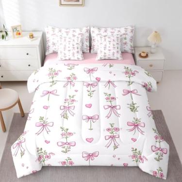 Imagem de Erosebridal Conjunto de edredom completo de flores kawaii rosa e branco com laço | Cama botânica floral com laço em uma bolsa para quarto, coração, jardim, conjunto de cama com edredom, decoração de