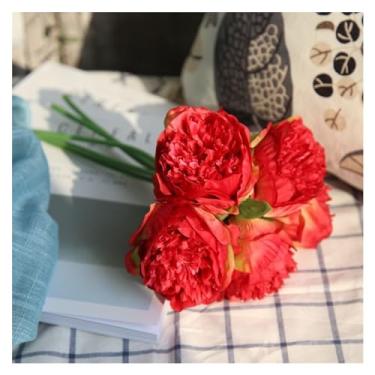 Imagem de Flores falsas 5 cabeças peônias de seda grandes buquê de noiva decoração central de mesa de casamento peônias de seda flores para casa vaso de flores ornamentais decoração de flores falsas (vermelho)