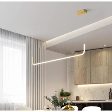 Imagem de Luminária pendente LED de design linear, com intensidade ajustável, controle remoto, ideal para sala de jantar, cozinha, ilha ou sala de estar, com altura regulável (dourada, 90 cm).