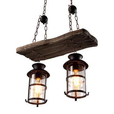 Imagem de Lustre pendente retrô de madeira vintage E27 * 2 lâmpadas, estilo industrial loft, com design criativo e altura ajustável, ideal para decoração de sala de estar, restaurante e café.