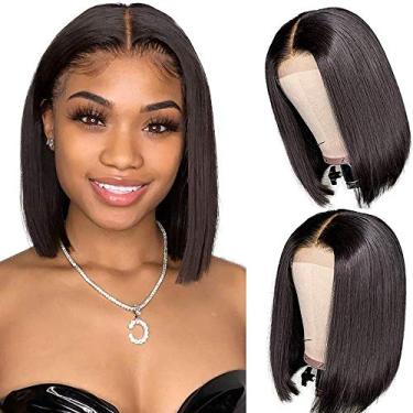 Imagem de Perucas curtas de cabelo humano Bob 25,4 cm 10 x 10 x 1 T, perucas com fecho de renda de densidade 150% para mulheres negras, peruca curta reta Bob de parte média, perucas de cabelo humano brasileiro com tela frontal pré-arrancadas com cabelo de bebê (25,4 cm, preto natural)