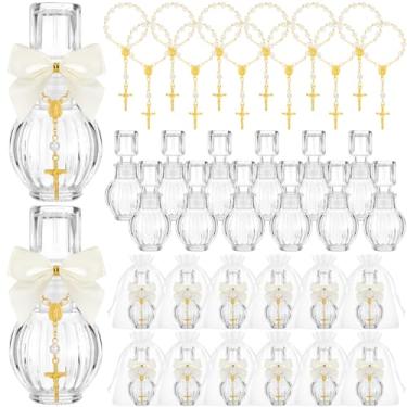 Imagem de Chuangdi 12 conjuntos de garrafas de água benta lembrancinhas de batismo para convidados, garrafa sagrada católica com rosário cruzado, recipiente de água de vidro vazio de 50 ml para comunhão, igreja