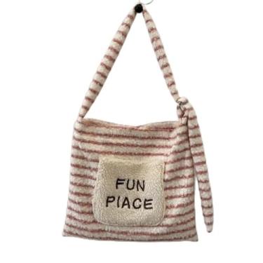 Imagem de Sacola feminina texturizada macia de grande capacidade, bolsa tiracolo de ombro bordada, bolsa de lona de retalhos, rosa