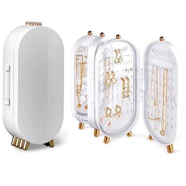 Imagem de Tvoip Suporte organizador de brincos, pequeno porta-joias dobrável à prova de poeira de 4 camadas com 153 furos para mulheres, brincos, brincos, colares, organizador de joias de exibição (branco)