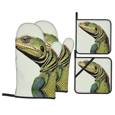 Imagem de Conjunto de luvas de forno com estampa de lagarto, conjunto de 4 peças adequado para grelhar, cozinhar e assar