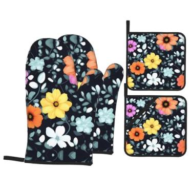 Imagem de Conjunto de luvas de forno estampadas lindas flores coloridas, conjunto de 4 peças adequado para grelhar, cozinhar e assar