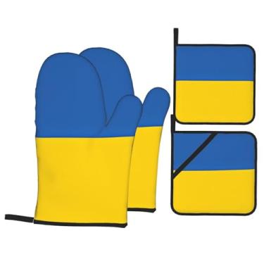 Imagem de Conjunto de luvas de forno estampadas bandeira da Ucrânia, conjunto de 4 peças adequado para grelhar, cozinhar e assar