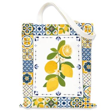 Imagem de Sacola estética com estampa de limão para mulheres e meninas, bolsas de tecido com alças, sacola temática de frutas, sacolas fofas para mulheres, bolsa de compras reutilizável para viagens, compras