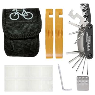 Imagem de Conjunto de ferramentas de reparo de bicicleta multifuncional dobrável portátil – Kits de reparo de pneus de mountain bike com barra amarela para pneus, ferramenta ondulada, patch transparente para