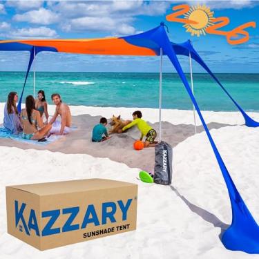 Imagem de KAZZARY Barraca de Praia, Upf50+ 10X10, Toldo com Sacos de Areia, 4 Postes de Estabilidade, Estacas de Solo, Pá de Areia com Disco Voador. Abrigo Leve para Toldo, 7 Pés de Altura para Viagens Ao Ar Li