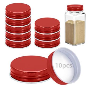 Imagem de 10 tampas de potes de ferro para potes quadrados de 113 g e 170 g reutilizáveis latas herméticas de armazenamento de especiarias para cozinha de vedação agradável (vermelho)